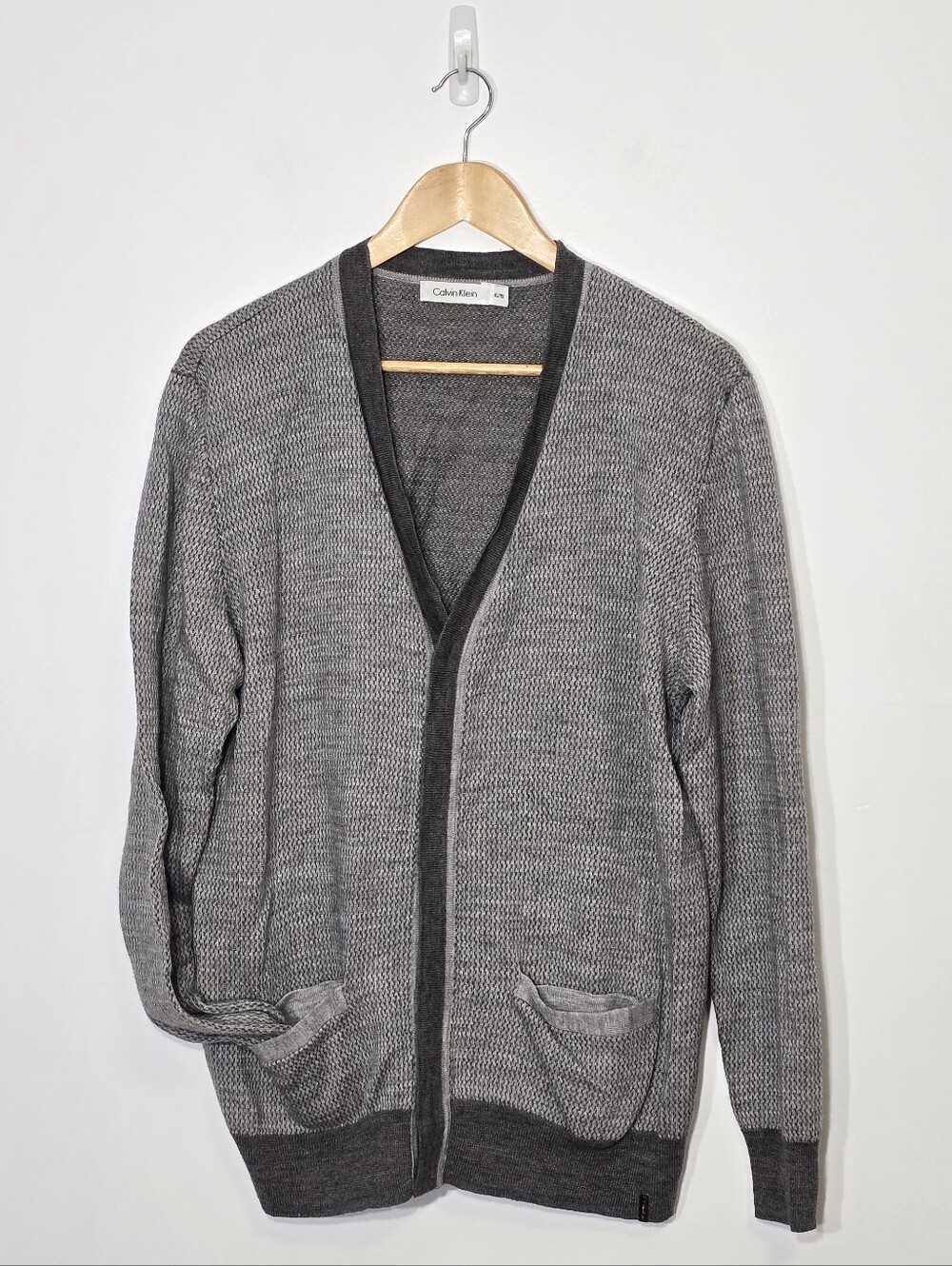 Calvin Klein Gray White Knitted 50% Merino Wool Preppy Cardigan Sweater XLarge